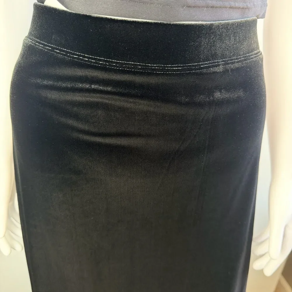 Talbots Black Velvet Midi Maxi Skirt XL Pull On Stretch Elastic Waist Back Slit
